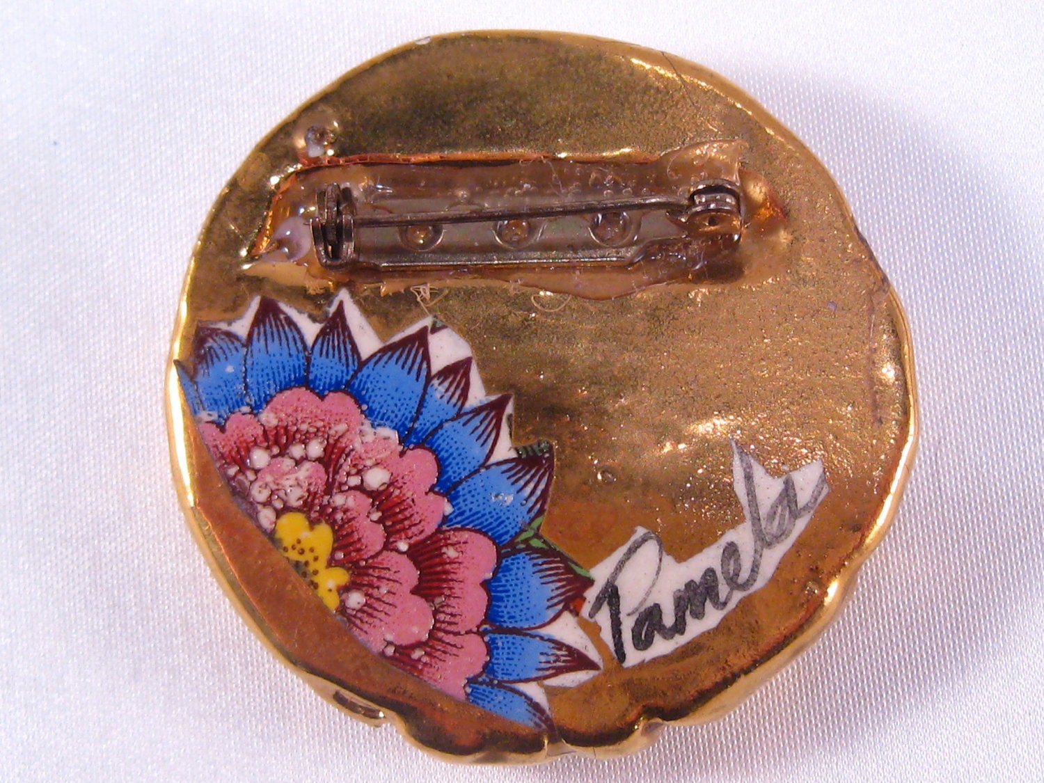 Vintage "Pamela" Woman's Face Brooch Clay & 24K Gold Trim