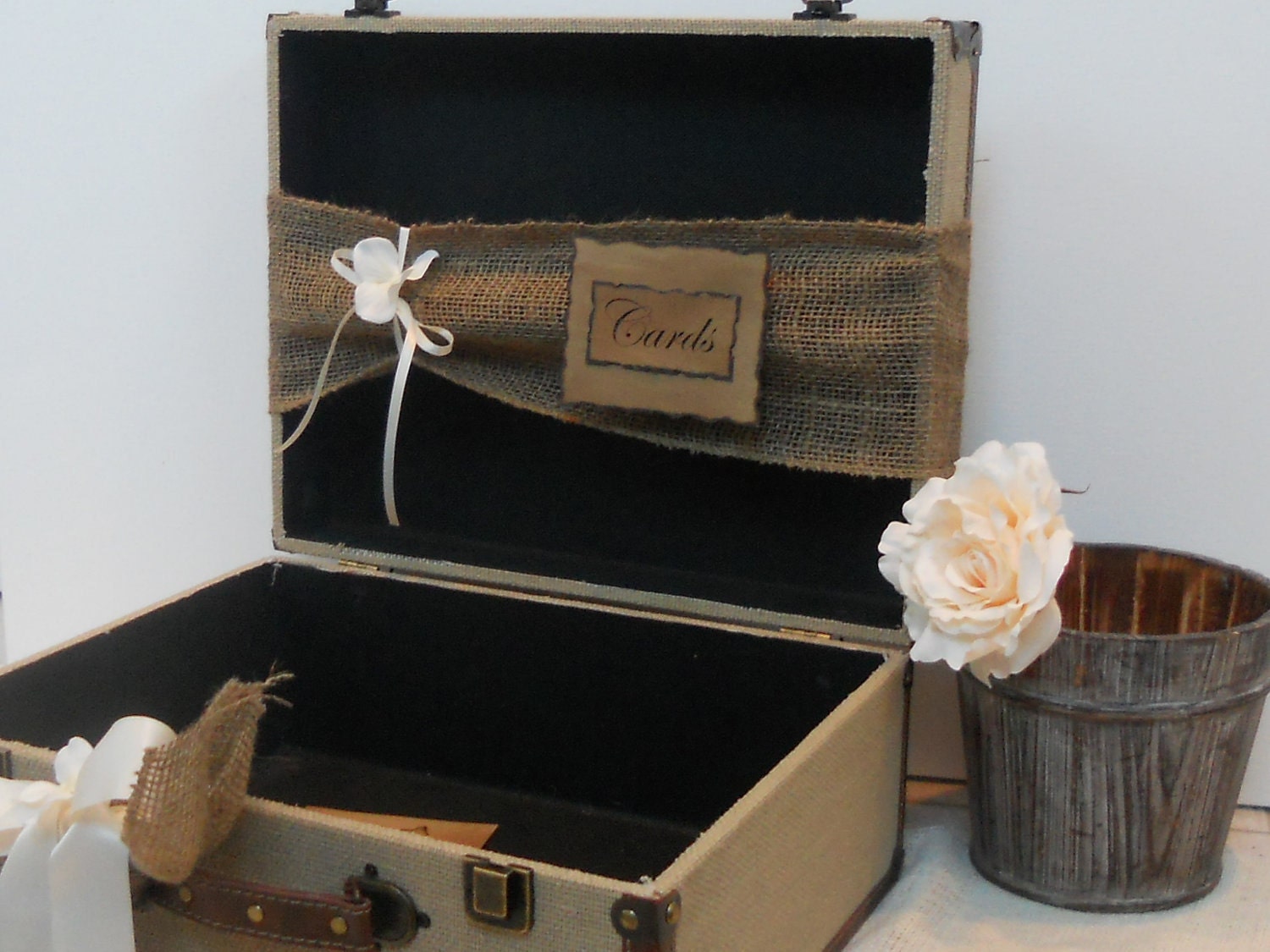 Card Box / Wedding Card Holder / Burlap Suitcase / Rustic / Shabby Decor