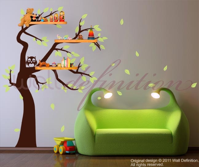 Kids Tree Wall Decals Vinyl Wall Sticker - Shelving Tree Decal with Owl and Falling Leaves