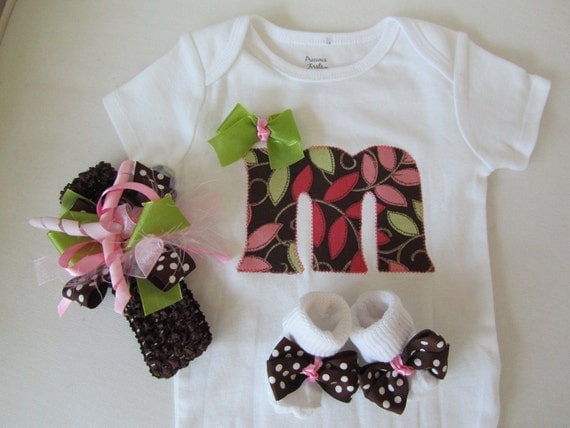 Baby Girl's Monogram Onesie Clothing Set/ Newborn Baby Going Home Monogram Set/ Girl's Clothing Monogram Set (Brown, Pink, Sage Green)