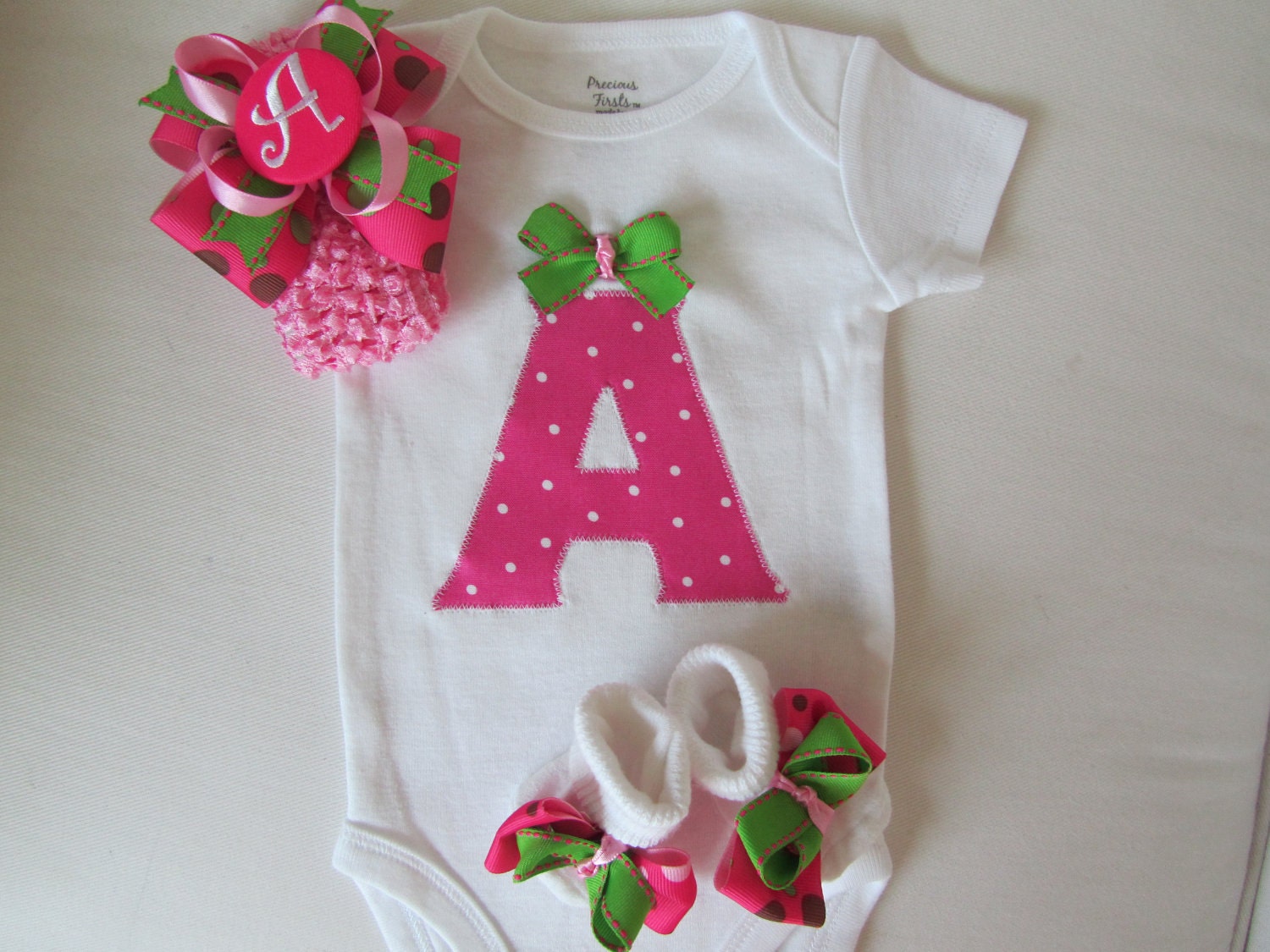 Baby GIrl's Monogrammed Clothing, Newborn going home set (Pink and Green Polka Dot)