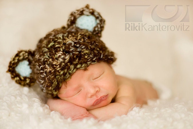 READY  Baby Hat - Baby Bear Hat  - Baby Boy Hat Soft Textured Teddy Bear - Brown with Highlights and Blue Ears