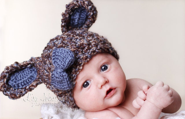 Chunky Baby Bunny Hat - Easter Hat - Great Texture and Knitted Bow Tie Clip