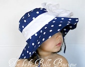 Toddler-Infants Baby Girl Sun Hat, Navy blue and white polka dot  flower sun hat ,polka dots hat. - TheBabyBellaBoutique