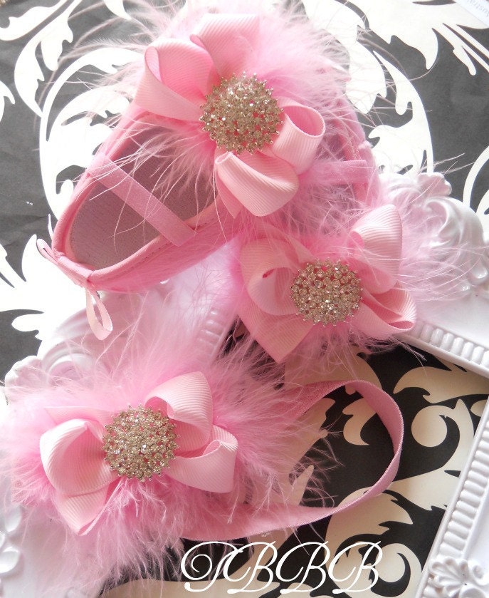 Princess Baby Girl Pink Crib Shoes and headband set ,baby booties,elastic headband,