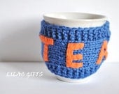 Mug Cozy, Cup Cosy, Mug Warmer knitted, blue and orange color, tea mug cozy