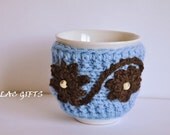 Mug Cozy, Cup Cosy, Mug Warmer knitted, light blue and brown color