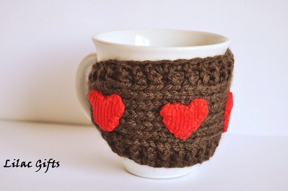 Mug Cozy, Red Heart  Cup Cozy,  Mug Warmer knitted, brown color, gift under 10, valentines gift