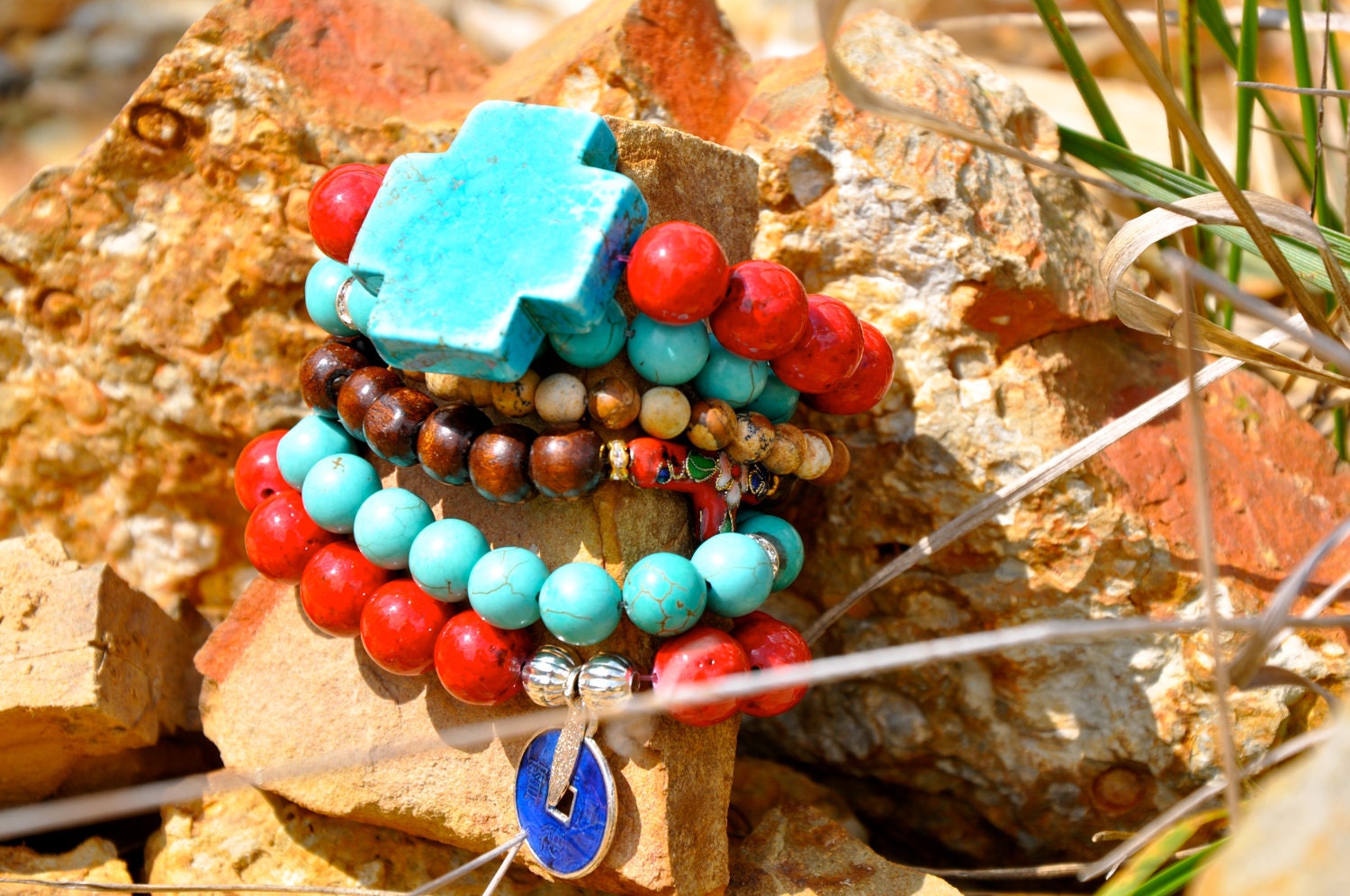 Turquoise, Red and Brown Charm Bracelet Collection