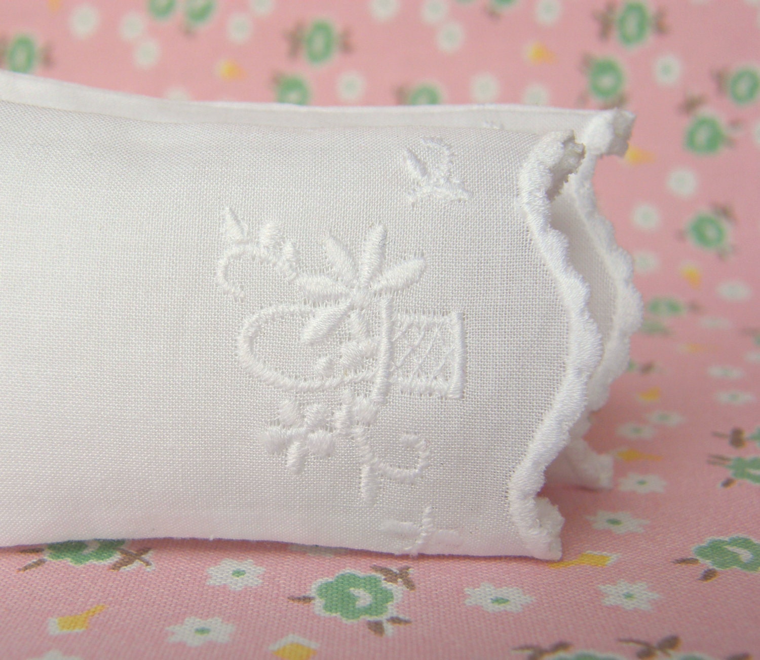 Set of 2 Miniature White Eyelet Premium Pillows with White Embroidery - 1:12 scale