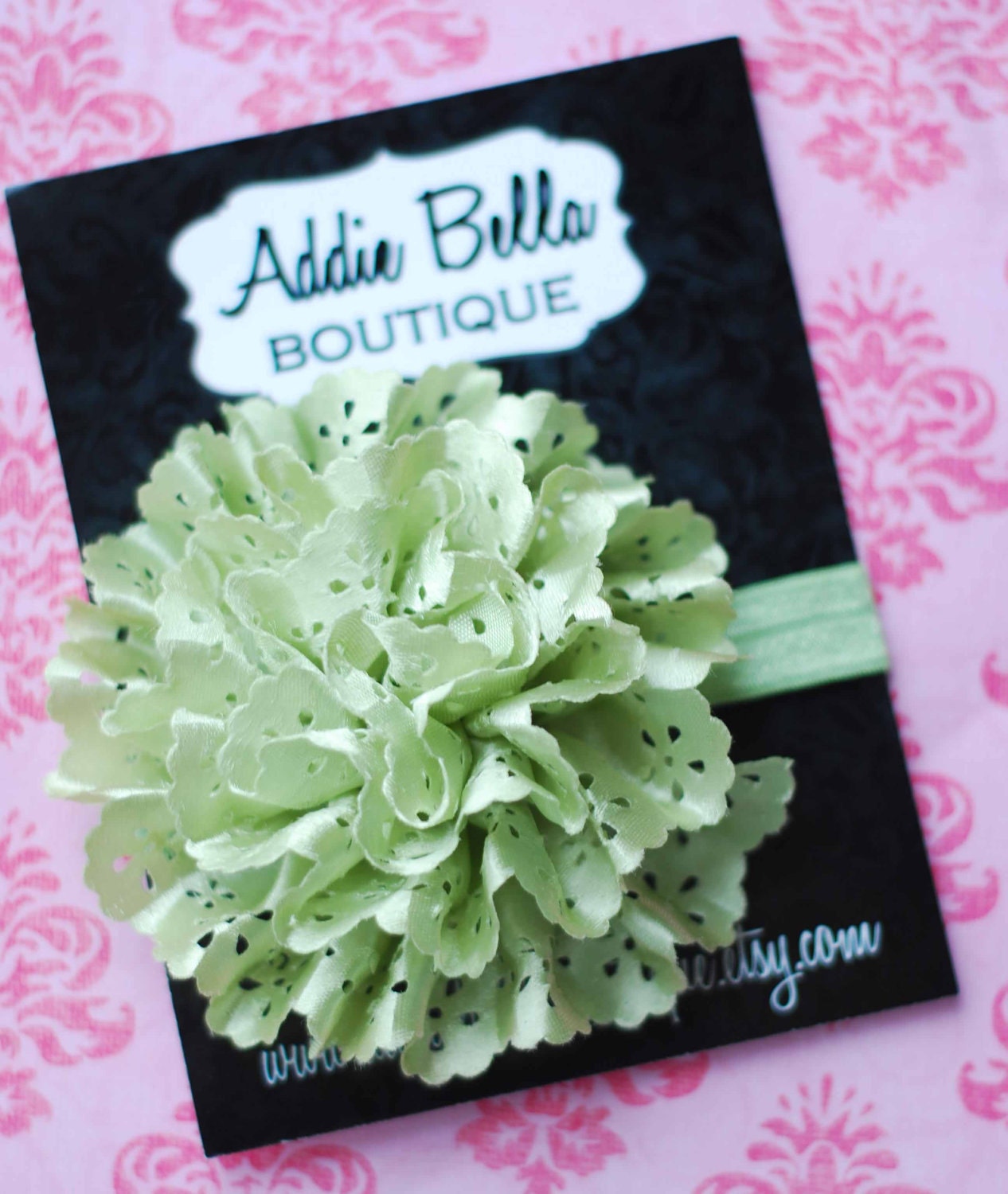 Baby Headbands - Green Satin Eyelet Flower Headband - Newborn Headbands - Baby Photography Props Fits Newborn Toddler or Adult