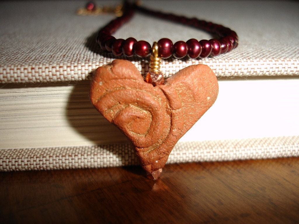 Handmade Artisan Clay Heart with Dark Red Freshwater Pearls Gold Necklace, Romantic, Rustic