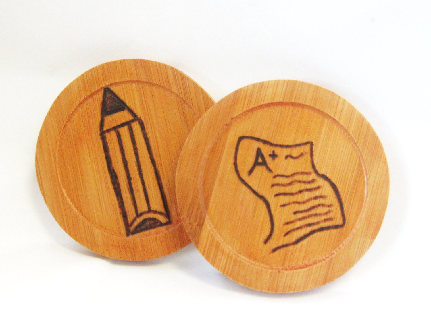 Pair of wood burned bamboo coasters. On sale HALF PRICE. Perfect present for your teacher. Back to school.
