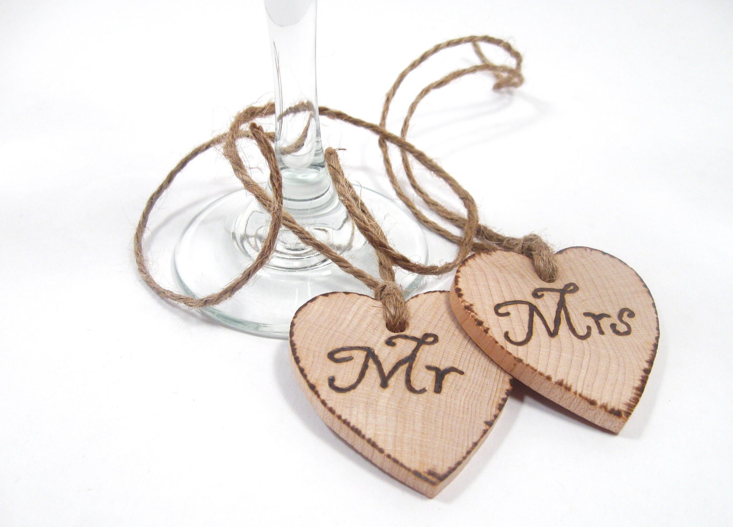 Wedding wine glass charm. Wedding tags. (Set of 2) custom Wedding wooden keepsake hearts Mr and Mrs tags Rusic Wedding woodland
