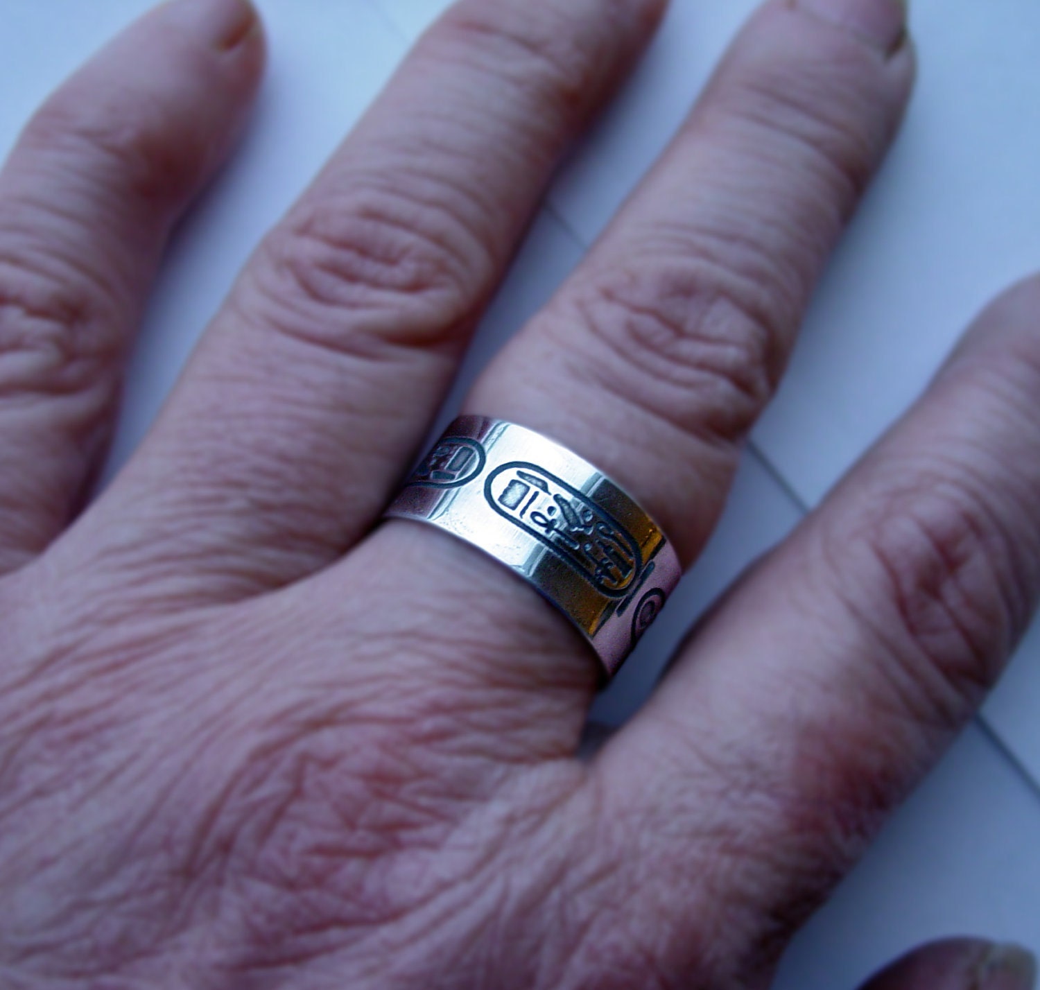 Custom Personalized Egyptian Hieroglyph Cartouche of King Tut sterling silver ring etched band custom