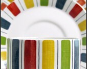 Mid Century Mexicana Trio, Retro Midwinter Striped Candy Cane Rainbow Banded Coffee Cup, Saucer, Teaplate Trio Set 1960s