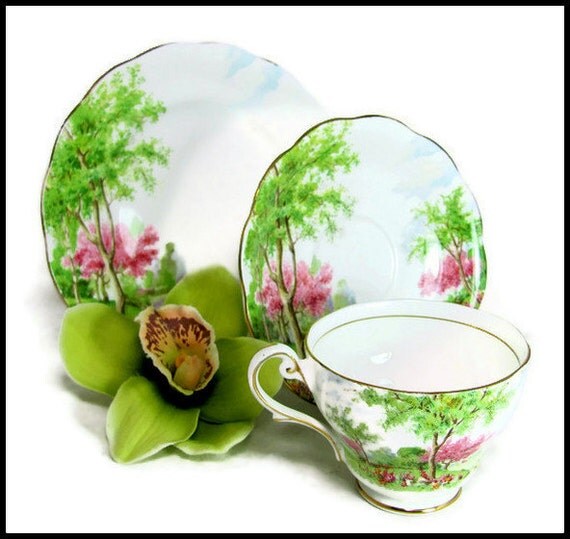 Art Deco Woodland Trio, Vintage Royal Standard English Bone China 'Spring's Gift' China Cup, Saucer, Teaplate Trio Set 1950s