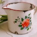 Vintage Enamel Pitcher, Romantic 1930s Farmhouse Shabby Chic Rustic Enamel Chippy 2 Pint Jug Pitcher, Stencil-Sprayed Coral Red Roses