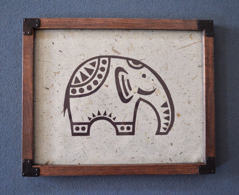 Brown Elephant Print on Handmade Off-White Paper - 10" x 8"