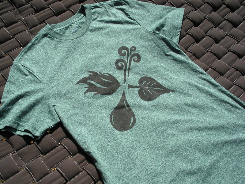 Four Elements T-Shirt - Brown Print on Heather Green Crew Neck - Men's Size S