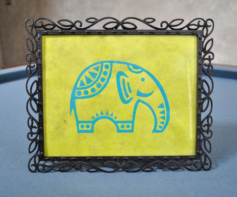 Sky Blue Elephant Print on Lime Green Handmade Paper - 10" x 8"