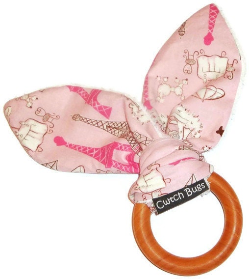 Natural Wooden Teething Ring Soother 'Bunny' in 'Vive La France' fabric and Organic Bamboo Terry....another baby gift idea from Cwtch Bugs