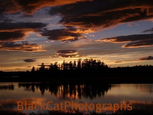 Sunset Photograph, scenic lake photo, orange home decor, Canadian landscape picture