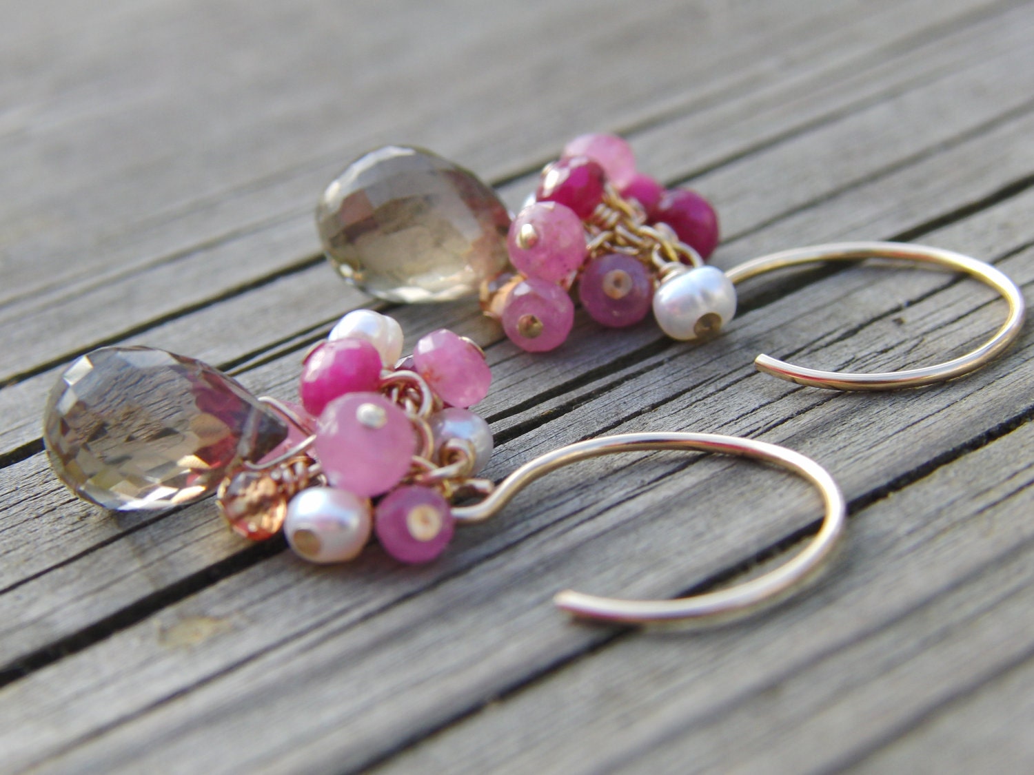 Smokey Quartz, Pink Sapphire, Ruby, Freshwater Pearl, Cluster Earrings Gold Jewelry