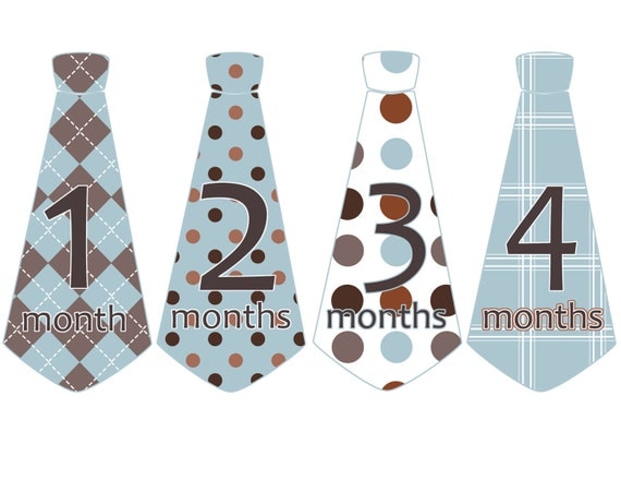 Monthly Onesie Tie Stickers - Boy Blues And Browns - Argyle, Plaid, Stripes, Dots, Damask - Baby Shower Gift