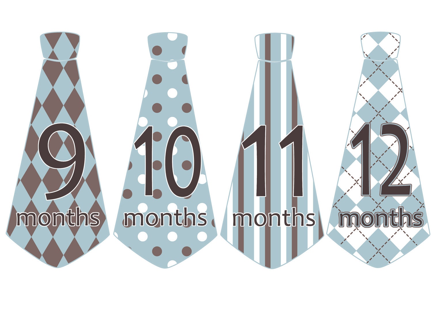 Monthly Onesie Tie Stickers - Boy Blues And Browns - Argyle, Plaid, Stripes, Dots, Damask - Baby Shower Gift