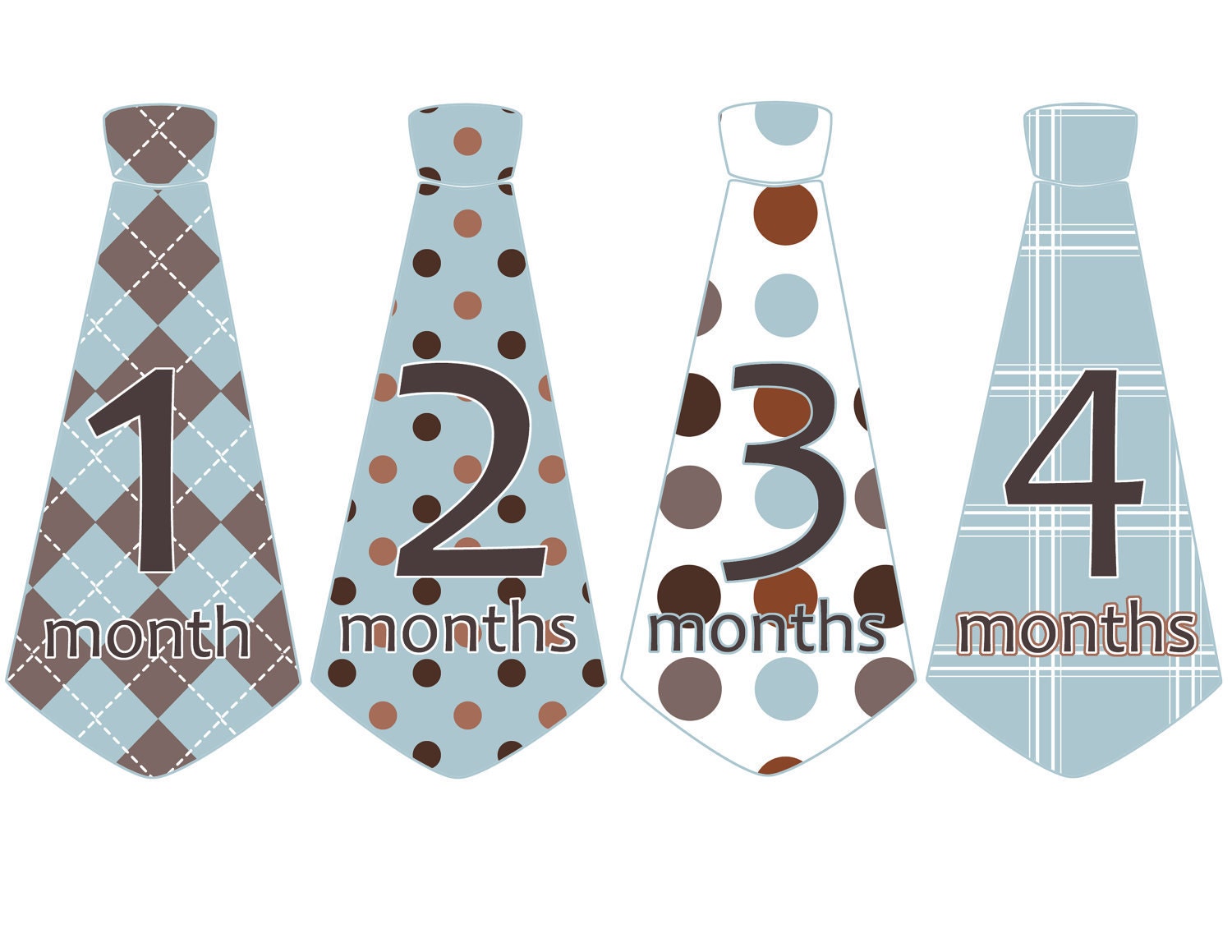 Monthly Onesie Tie Stickers - Boy Blues And Browns - Argyle, Plaid, Stripes, Dots, Damask - Baby Shower Gift
