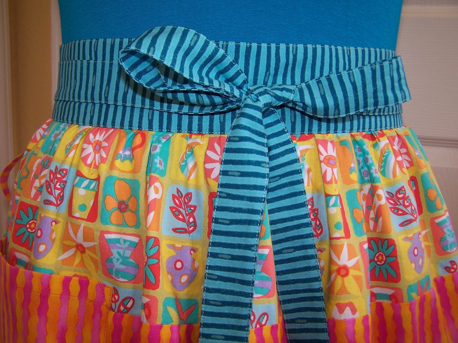 Women's Half Apron,Retro Rainbow Half Apron, Cheerful Kitchen apron, Teal, Orange, Pink, Yellow, Purple, Green, Ready to ship