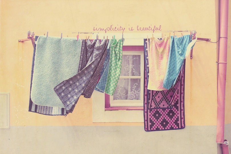 Clothesline Photo Art Print Clothes Hanging Dry Lisbon Portugal Travel Pink Yellow Blue Simplicity is Beautiful - 8 x 12
