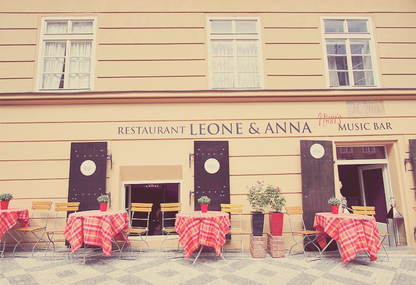 Prague Restaurant Europe Travel Photo Art Print Plaid Flowers Checkered Pattern Yellow Pink Red - 8 x 12