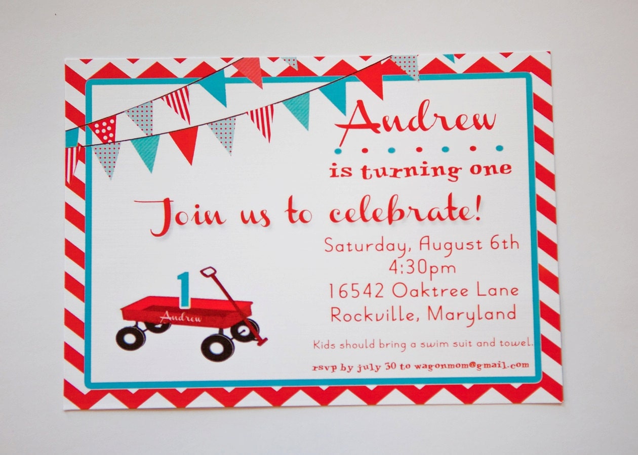 RED WAGON Birthday Invitation, Red and Blue, PRINTABLE by Libby Lane Press