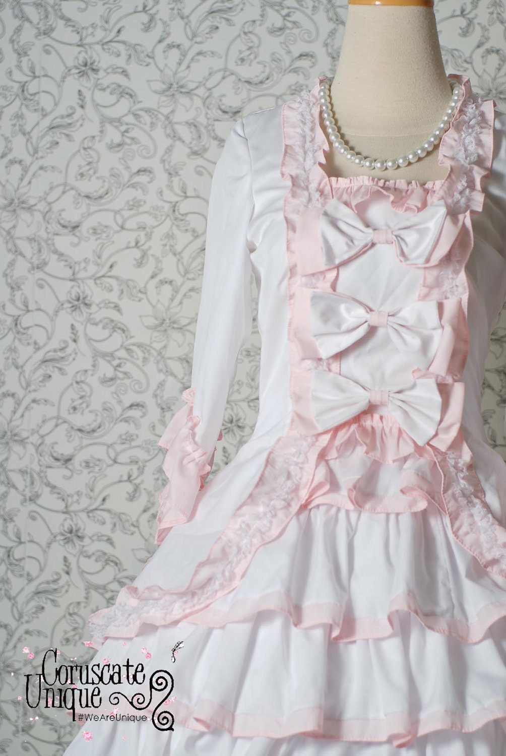 White & Soft Pink Princess Lolita Ruffle Ribbon Wedding Dress