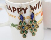 Elegant Vintage Style Blue Crystal With Colorful Resin Feather Prancing Peacock Dangle Earring