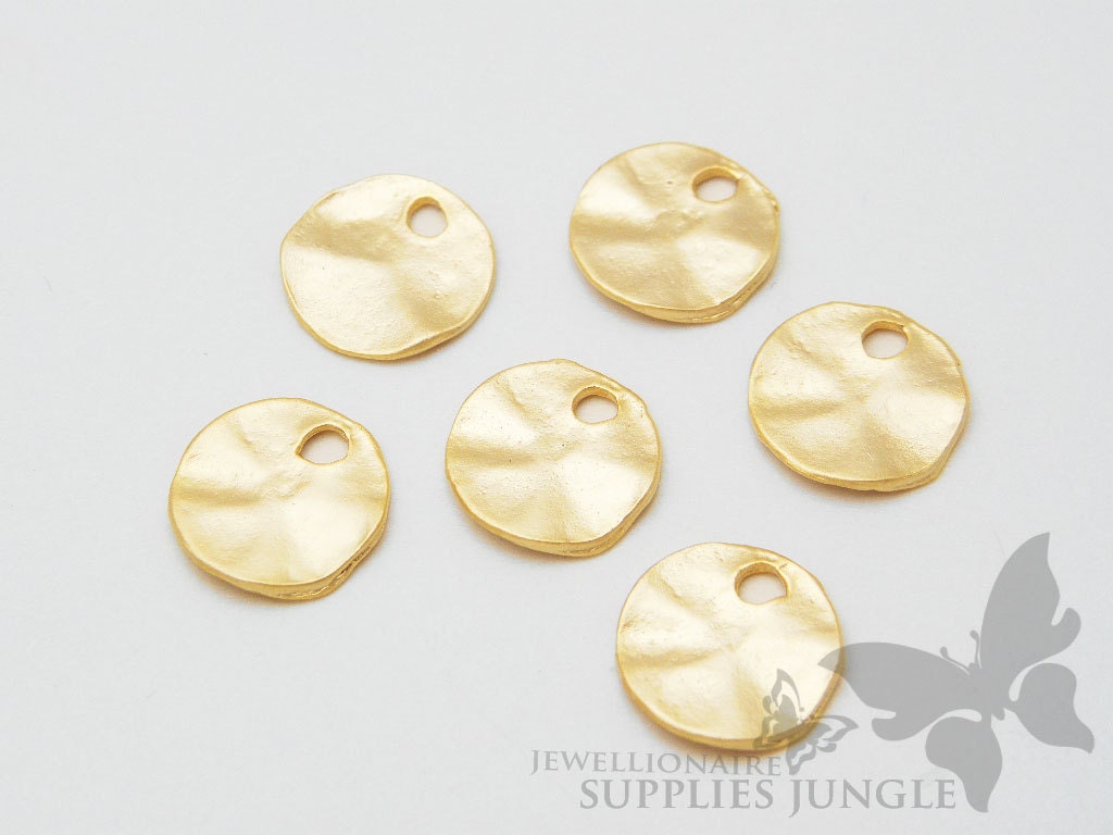 P155-02-MG// Matt 14k Gold Plated Hammered Coin Pendant, 6Pcs