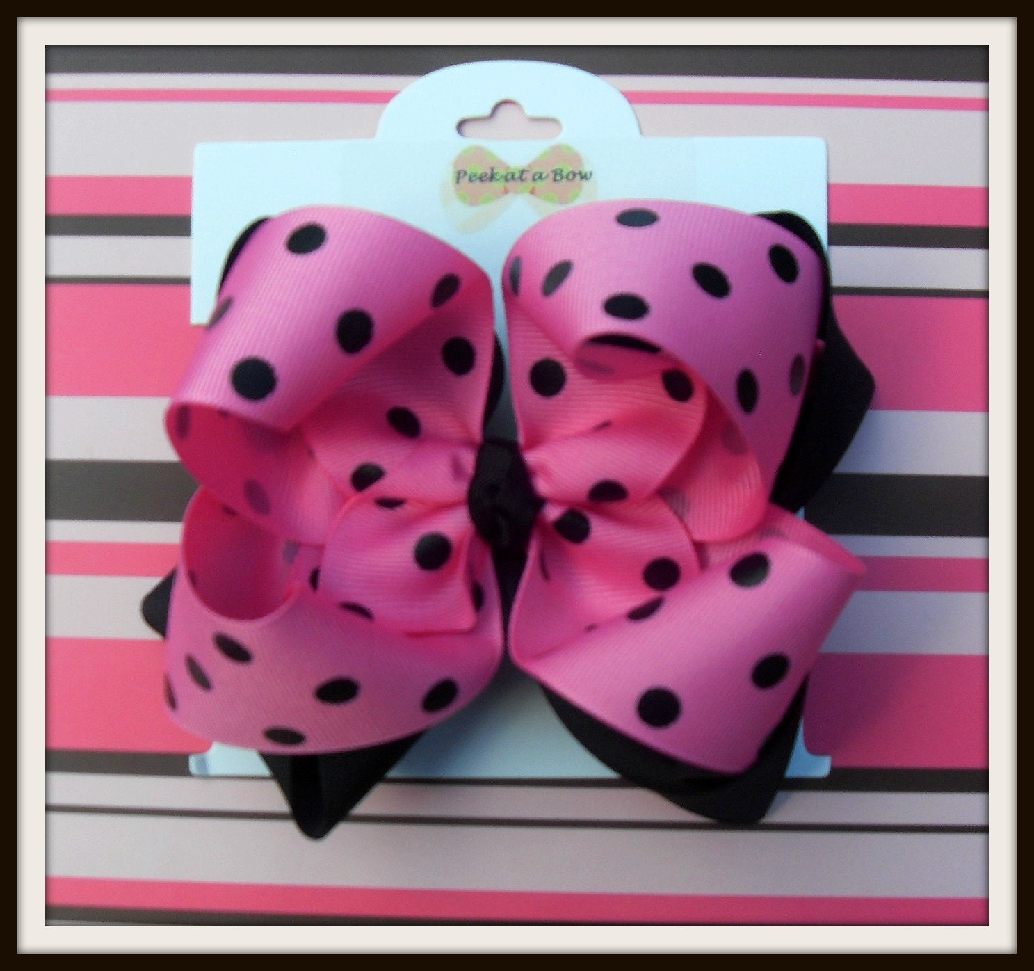 Hair bow Double layer medium pink & black polka dot