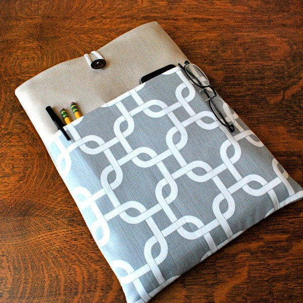 11 inch laptop Macbook Mac book Air Cover Padded Case Sleeve - Linen with Grey White Geometric Link Fabric Pocket