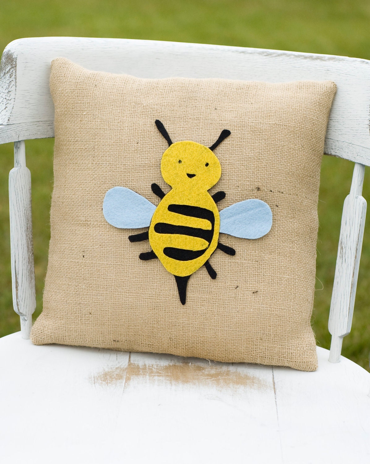 Bee Happy- Decorative Felt Bee Burlap Pillow Cover 14x14