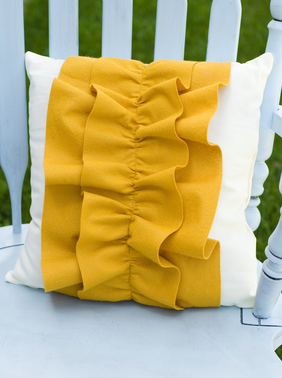 Decorative Mustard Yellow Wool Felt Ruffle Pillow 16x16