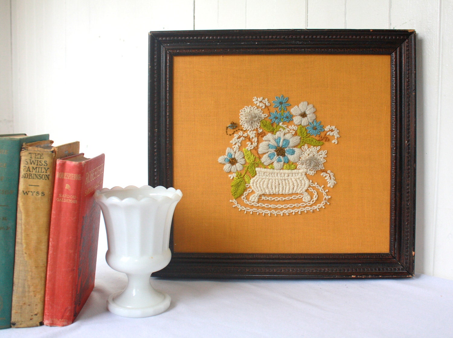 Wall Decor Kitschy Embroidered Floral Wall Hanging Handmade Flowers Groovy Retro 1970s
