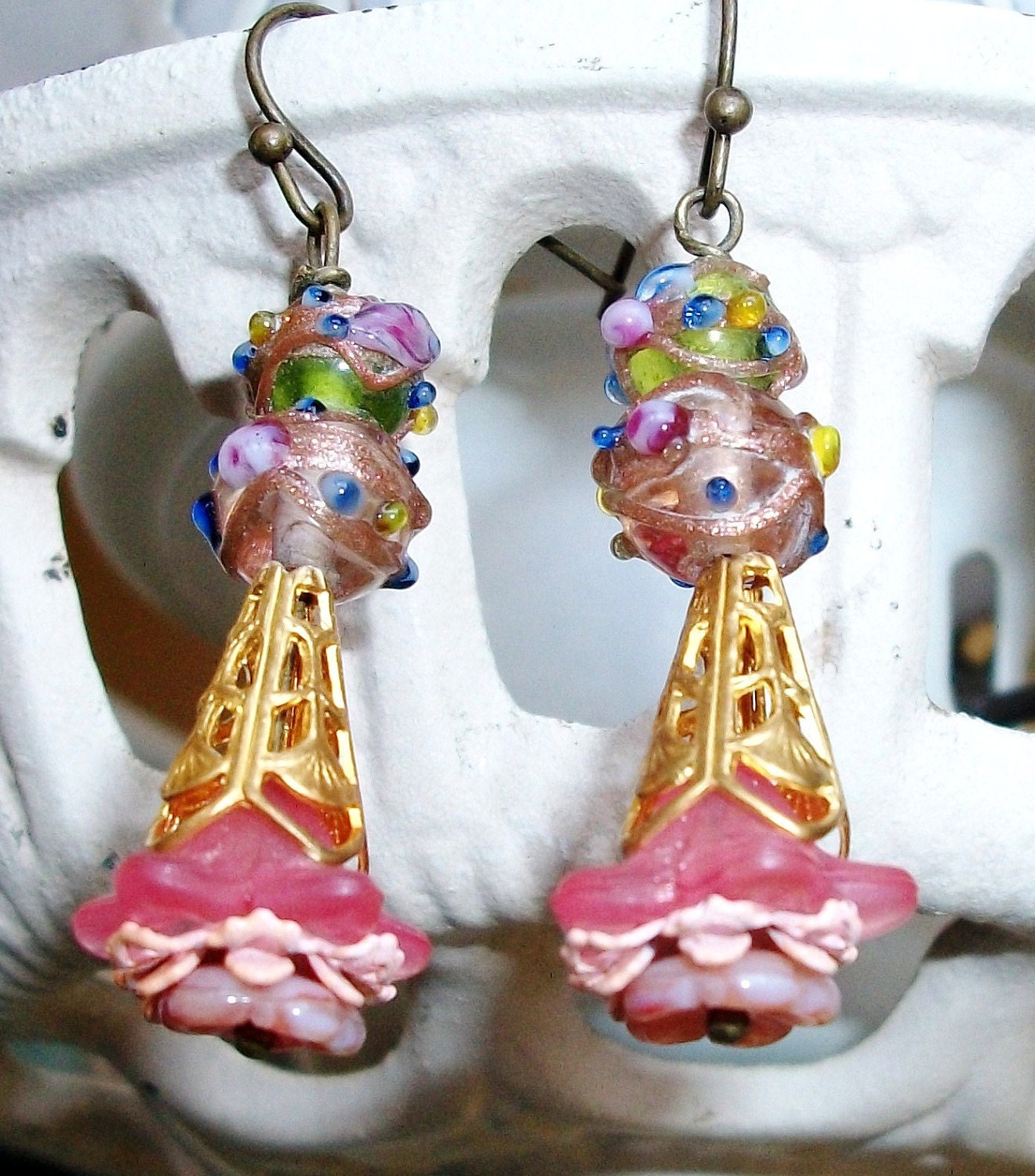Handmade GLASS Filigree EARRINGS - "Frills & Filigree" - Vintage Wedding Cake Beads, Lucite, Glass and Metal Flower Beads