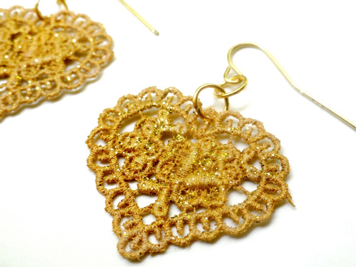 Gold Lace Earrings Hand Painted Heart with Glitter
