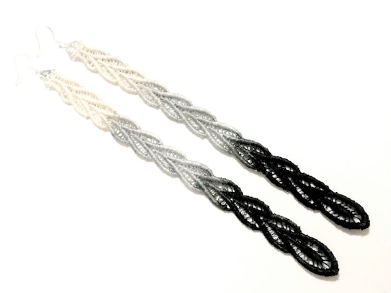 Lace Earrings Hand Painted - Black Grey Cream Ombre - Customizable Colors