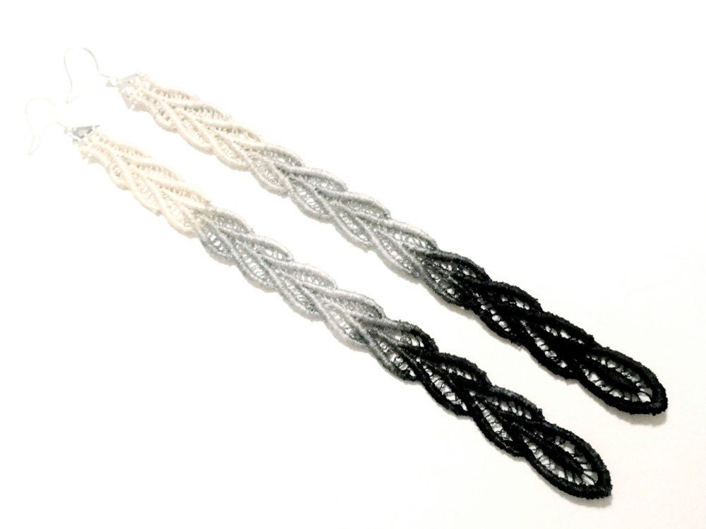Lace Earrings Hand Painted - Black Grey Cream Ombre - Customizable Colors