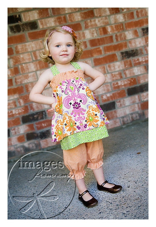 The Spring Sherbet - Reverse Knot Double Layer Dress Top Green Fushia Orange Damask Capri Outfit