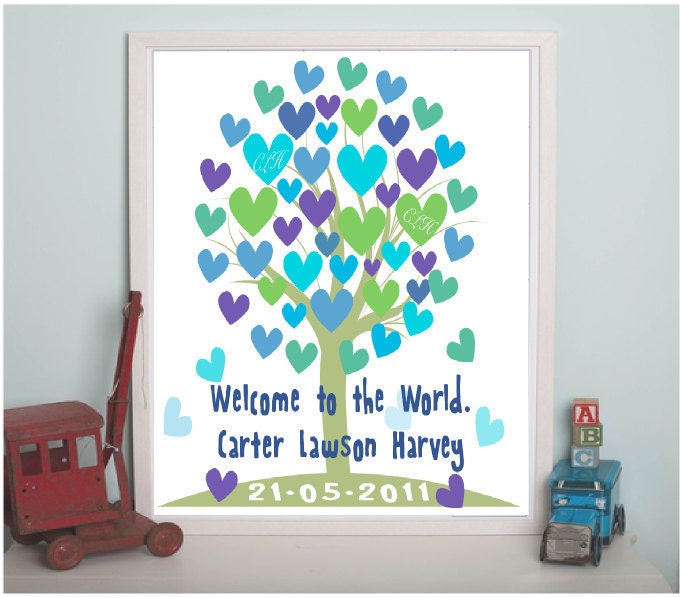 Personalized Boys Christening Birth Announcement Gift Handmade "Welcome to the World giclee art print. 11x14"