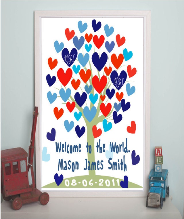 Personalized Boys Christening Birth Announcement Gift Handmade "Welcome to the World giclee art BIG print. 11x14"